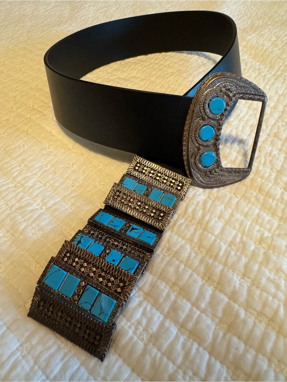 Vintage NWOT Chico’s Black Leather Belt Chunky Faux Turquoise Metal Buckle M/L